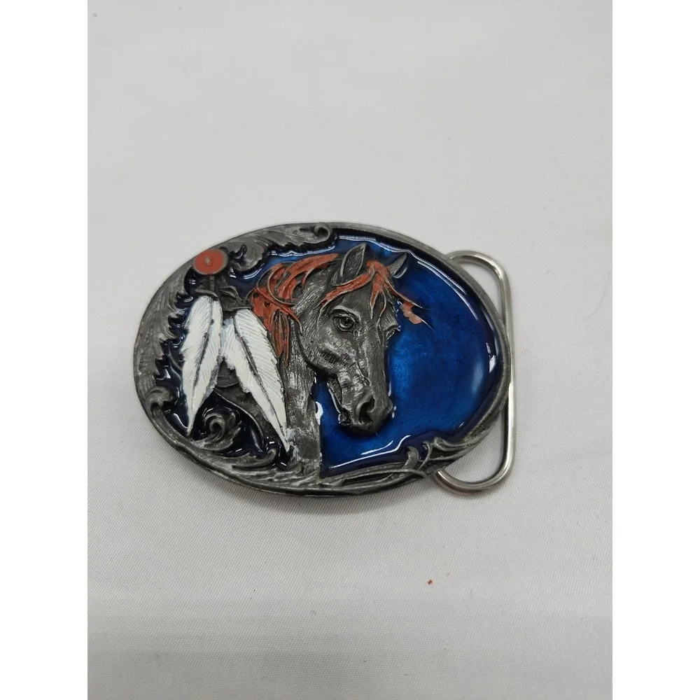 PEWTER & ENAMEL Feather Horse Indian Belt Buckle Circle Western Native American